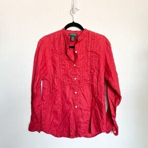 Lauren Ralph Linen Pleated Button Down Shirt Blouse Medium Red